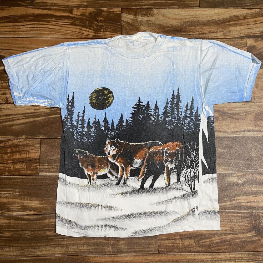 Vintage 90s Wolf All Over Print T-Shirt Animal Nature Size Large Made in USA - Picture 1 of 7